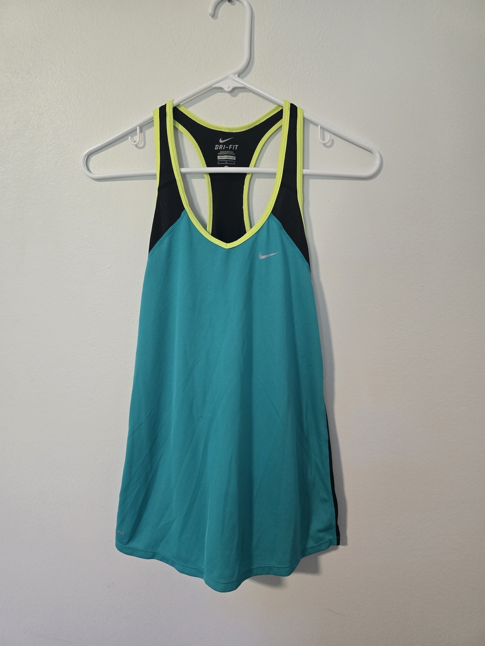 Nike Women’s Teal Dri-FIT Racerback Tank with Neon Yellow Trim Large